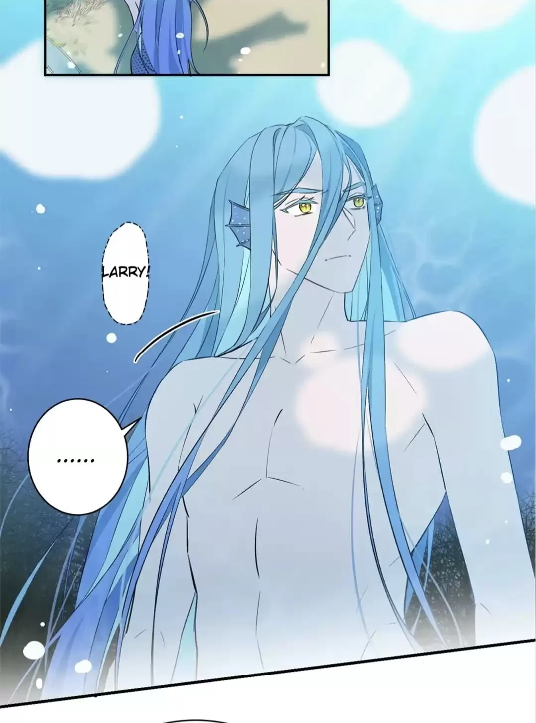the image is a digital illustration or scan from a manga, manhwa, or similar comic. it features a male mermanlike character with long, flowing blue hair, light skin, and golden eyes. he is shown from the chest up, with his upper body bare. the background is a soft blue, suggesting an underwater setting. there are speech bubbles with text, one of which says "larry!" the overall style is fantasy and ethereal. the artwork is primarily light blue and white, with subtle shading and highlights to add depth.