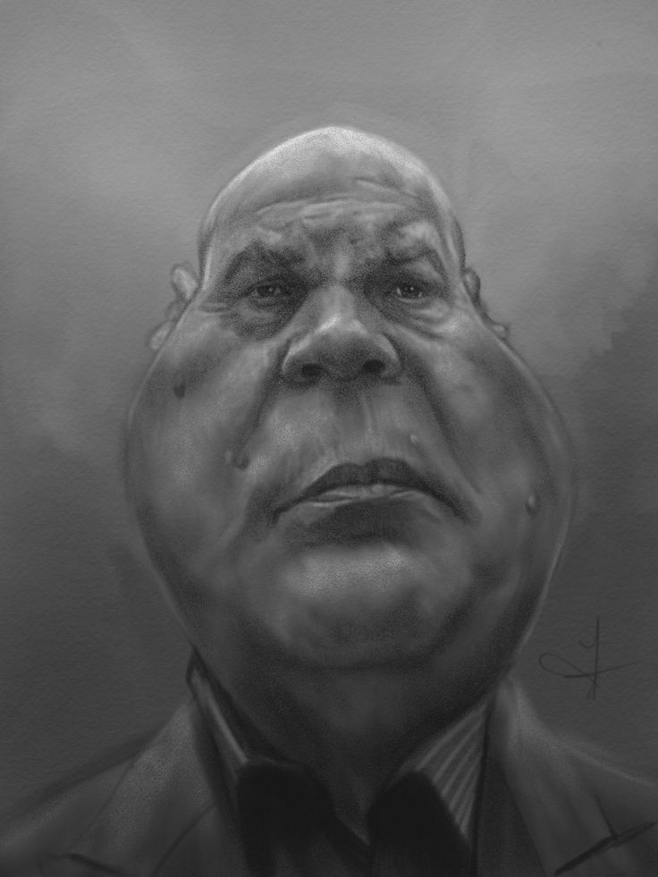 a grayscale caricature portrait of a bald man wearing a suit and tie. the image emphasizes the man's facial features and expression.