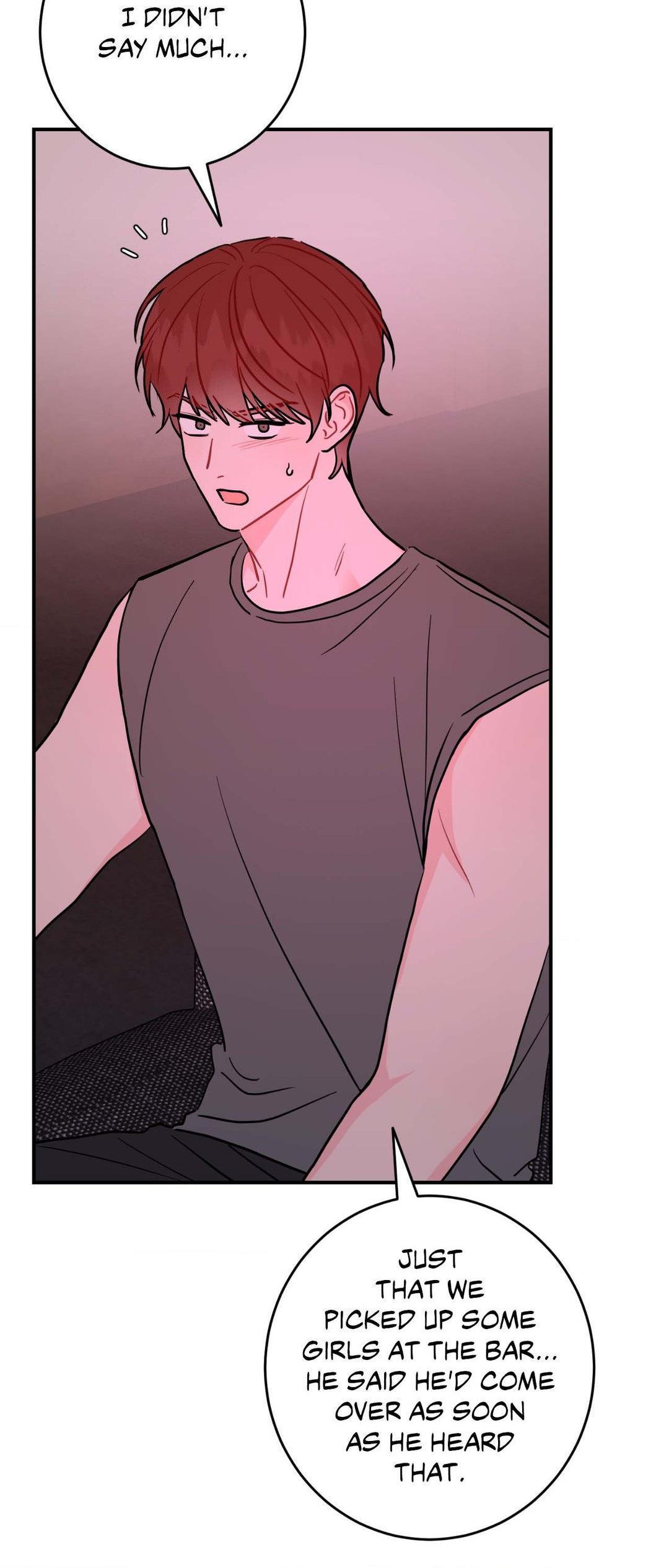 he image is a panel from a korean manhwa (webtoon) showing a young man with red hair, wearing a sleeveless shirt. he appears slightly embarrassed and nervous. the speech bubbles indicate a conversation where he is explaining something he didn't say much about, then revealing a secret that involves him and some girls at a bar.  the art style is typical of korean manhwa, with soft lines and pastel colors. the overall tone is suggestive of a romantic or potentially secretive relationship.