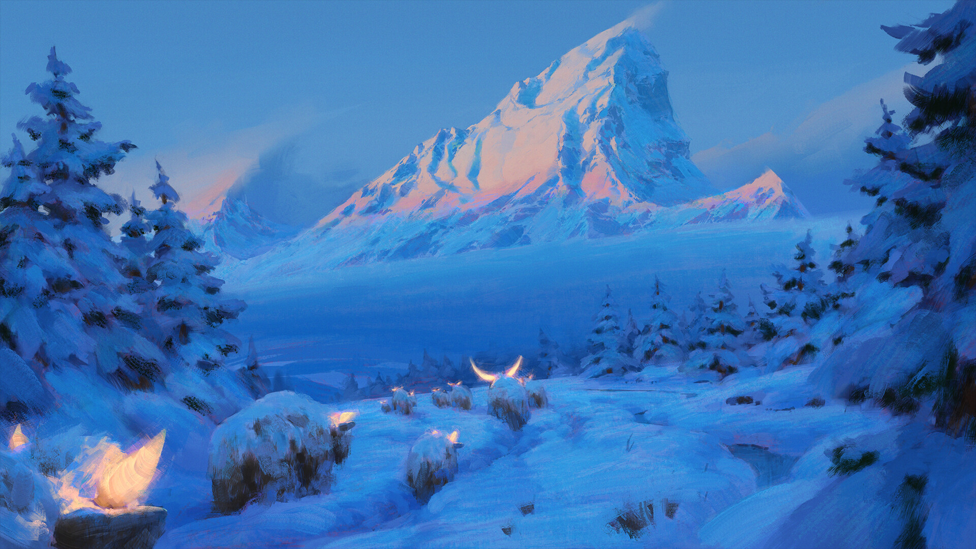 a beautiful winter scene with a snowy mountain range in the background. the foreground is covered in snow, and there are tall trees in the snow on the left side of the image. the sky is blue, and the moon is shining brightly. the image has a magical and surreal quality to it. it is a peaceful and serene landscape, with a sense of calm and tranquility.