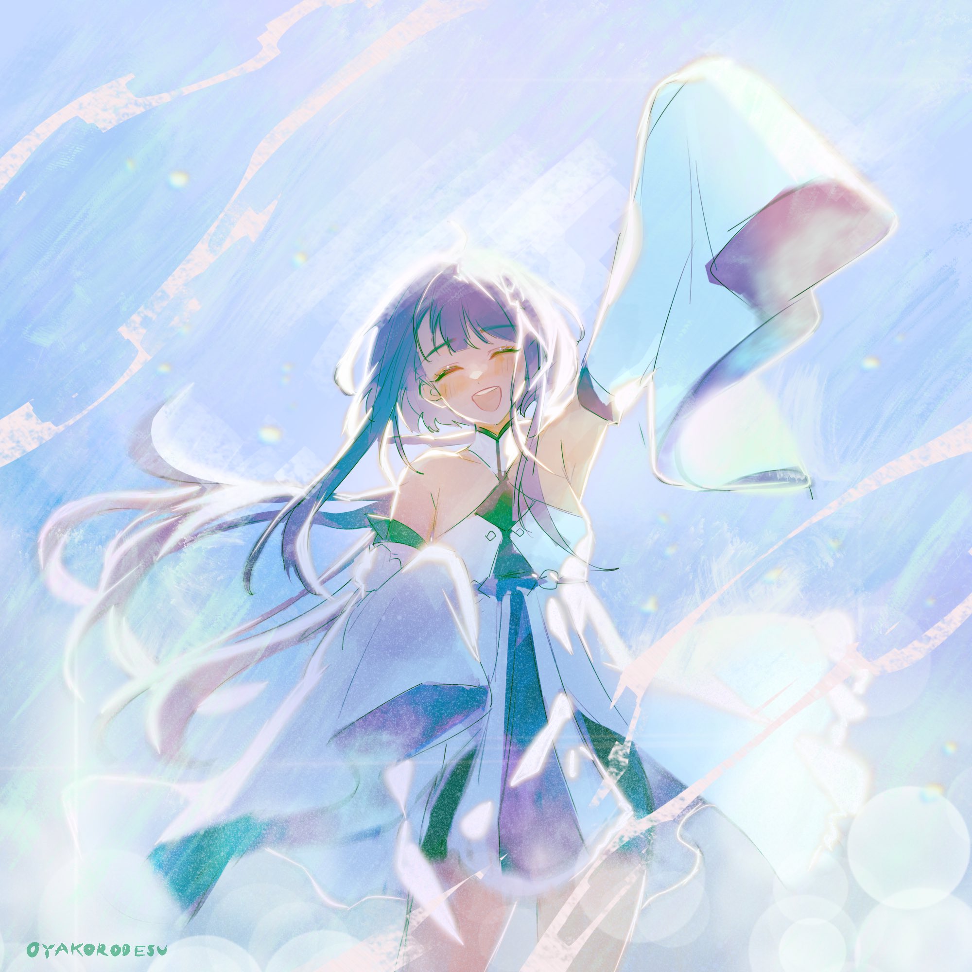 the image is a digital illustration of an anime girl with long purple hair. she is wearing a flowing white dress and is smiling brightly as she stands in front of a background of clouds and sky. the overall tone of the image is dreamy and ethereal.