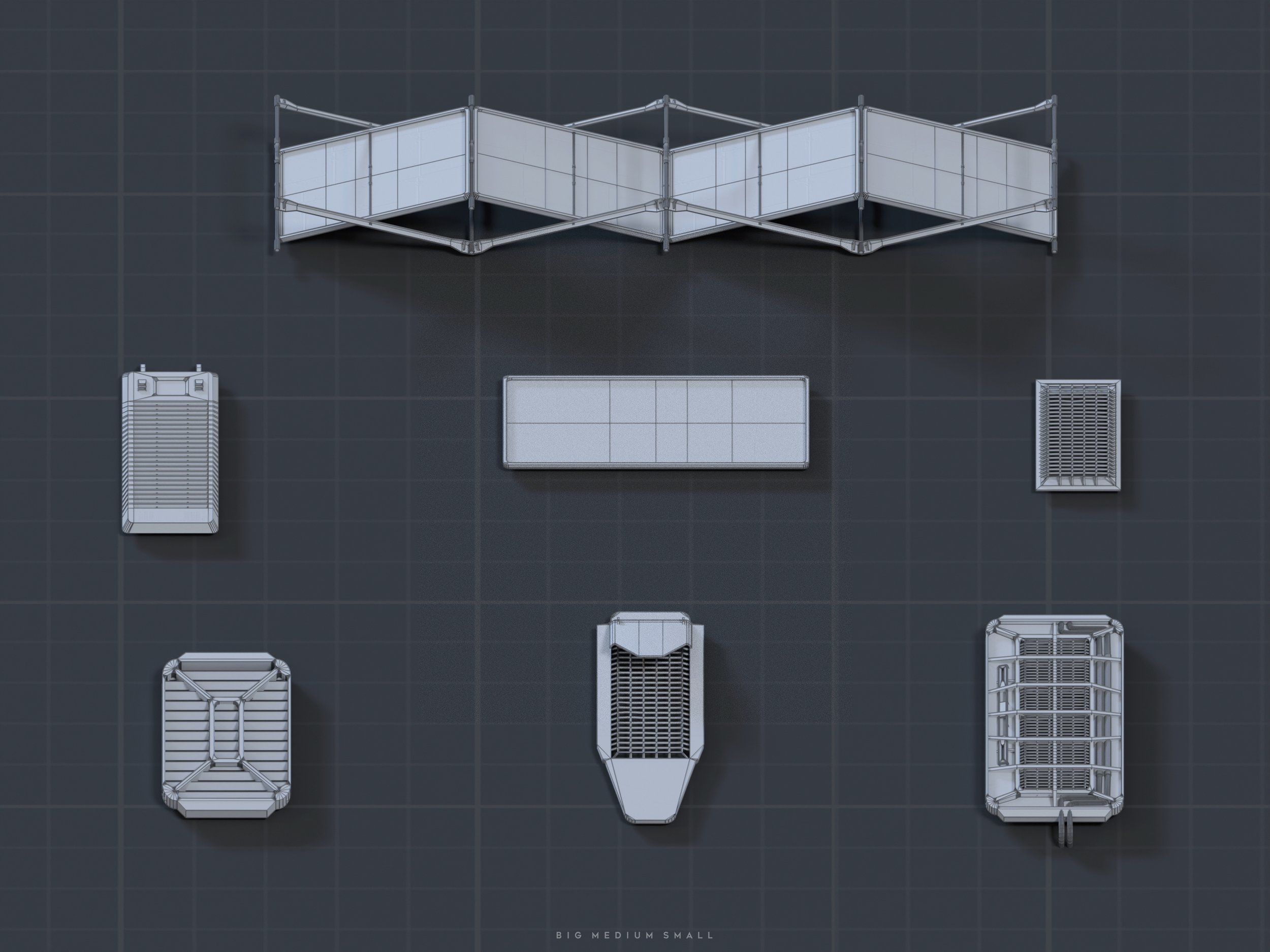 this image shows a 3d wireframe render of various exhibition stand components viewed from above.  the main piece is a large, foldable, popup banner system.  surrounding it are smaller units, possibly representing additional displays, ventilation grilles, or other equipment related to the booth's functionality. the overall style is clean, technical, and suggests a blueprint or design schematic. the grey color scheme and grid background enhance this impression.  the elements are labelled "big medium small" at the bottom, indicating different sizes.