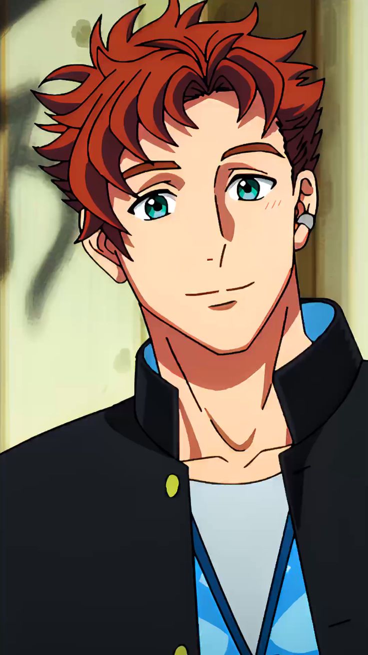 this is a portrait of an anime male character. the character has red hair, blue eyes, and is wearing a black jacket over a white shirt with a blue and white pattern. he is smiling and looking to the side.