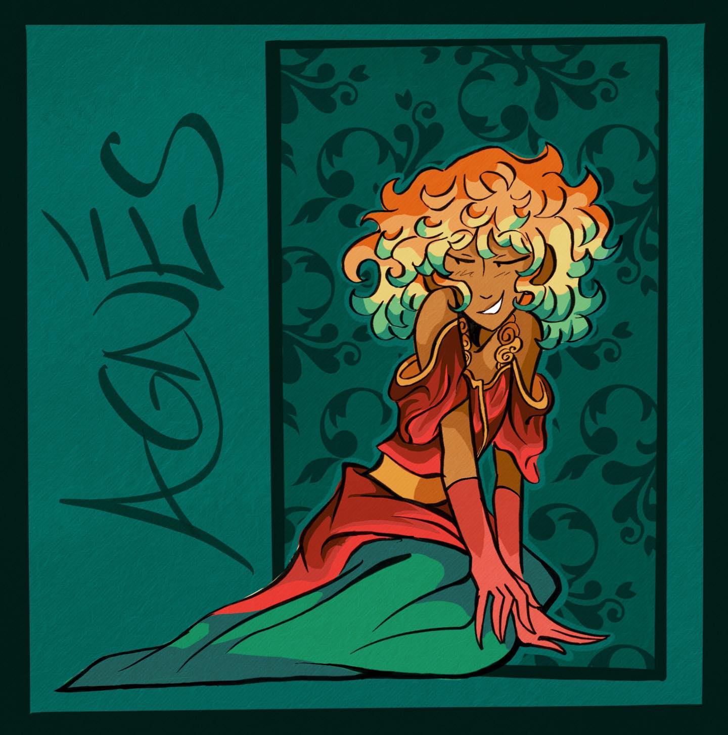 the illustration features a stylish woman with voluminous, curly orange and yellow hair. she is seated gracefully on the floor, her body turned slightly away from the viewer. her eyes are closed in a content smile, highlighting her joyful expression. she wears a vibrant red offtheshoulder top and a long flowing green skirt. long red gloves add an elegant touch to her attire. the background is a rich teal adorned with a darker teal decorative frame with a floral pattern, creating a captivating contrast and framing the woman beautifully.