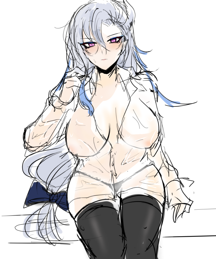 an anime style drawing of a woman with white hair. she is wearing a white shirt and black stockings, and is looking directly at the viewer. her hair is flowing behind her.