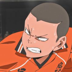 the image shows a closeup illustration of a male volleyball player during an intense moment in a game. his face is contorted in determination, with sweat dripping down his forehead and neck. the player wears an orange and black jersey. the style of the drawing suggests it's anime.