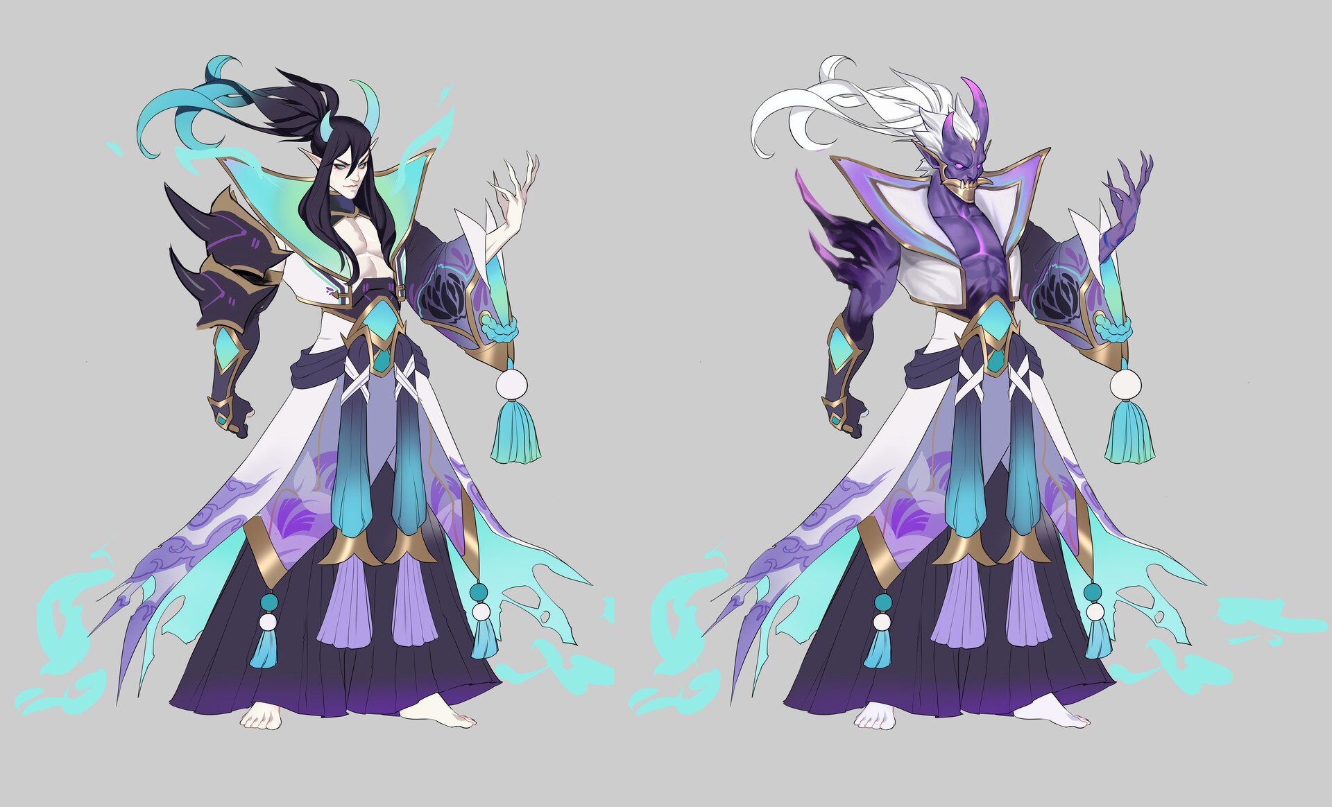 this digital painting shows a character design concept featuring two versions of the same character, possibly representing a transformation or dual nature.  both forms are male, animestyle figures with onilike horns and flowing robes reminiscent of japanese kimono. one figure has dark hair and teal accents, while the other has white hair and a darker, more demonic appearance, with both showcasing intricate armor details and ethereal, flowing effects around their garments. the color scheme primarily utilizes purples, turquoise, whites, and blacks to achieve a mystical, yet elegant aesthetic. the art suggests it could be concept art for a video game or similar fantasy media.