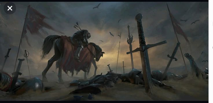 the image depicts a desolate battlefield after a battle. fallen soldiers and corpses litter the ground, with swords stuck in the ground and torn flags waving in the wind. a rider on horseback, seemingly wounded with arrows, traverses the scene. the sky is overcast, and birds circle above, adding to the sense of death and destruction.
