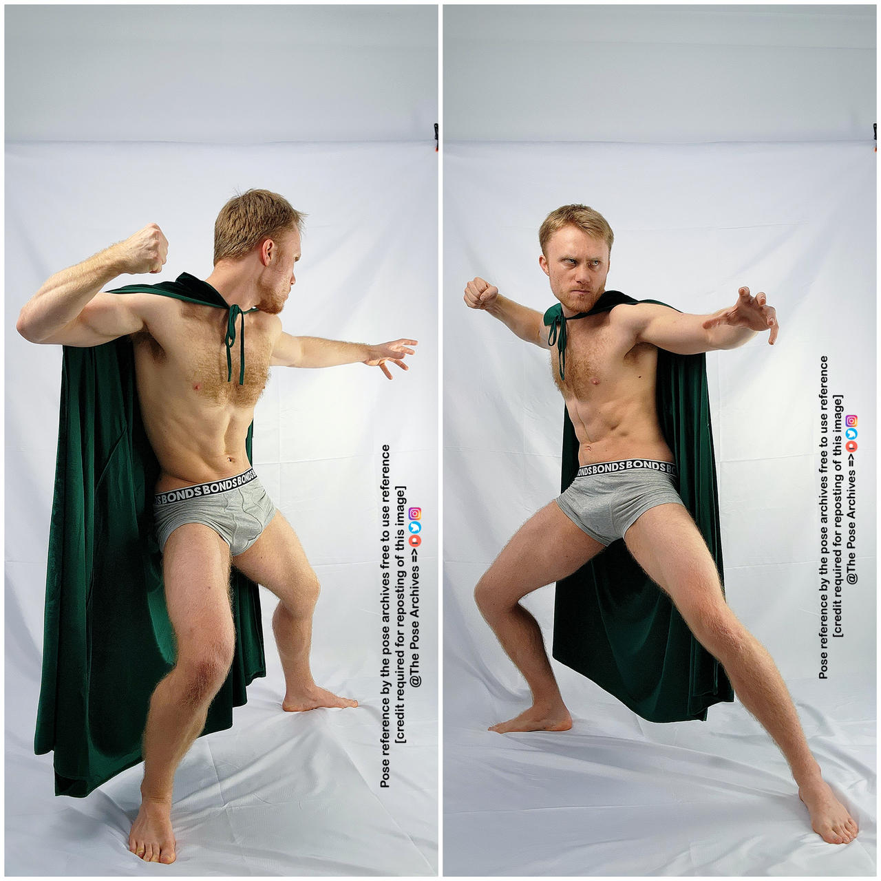 a shirtless caucasian male with a green cape in his underwear is standing in a fighting pose in front of a white background in a studio setting. there are two photos of him in different poses.