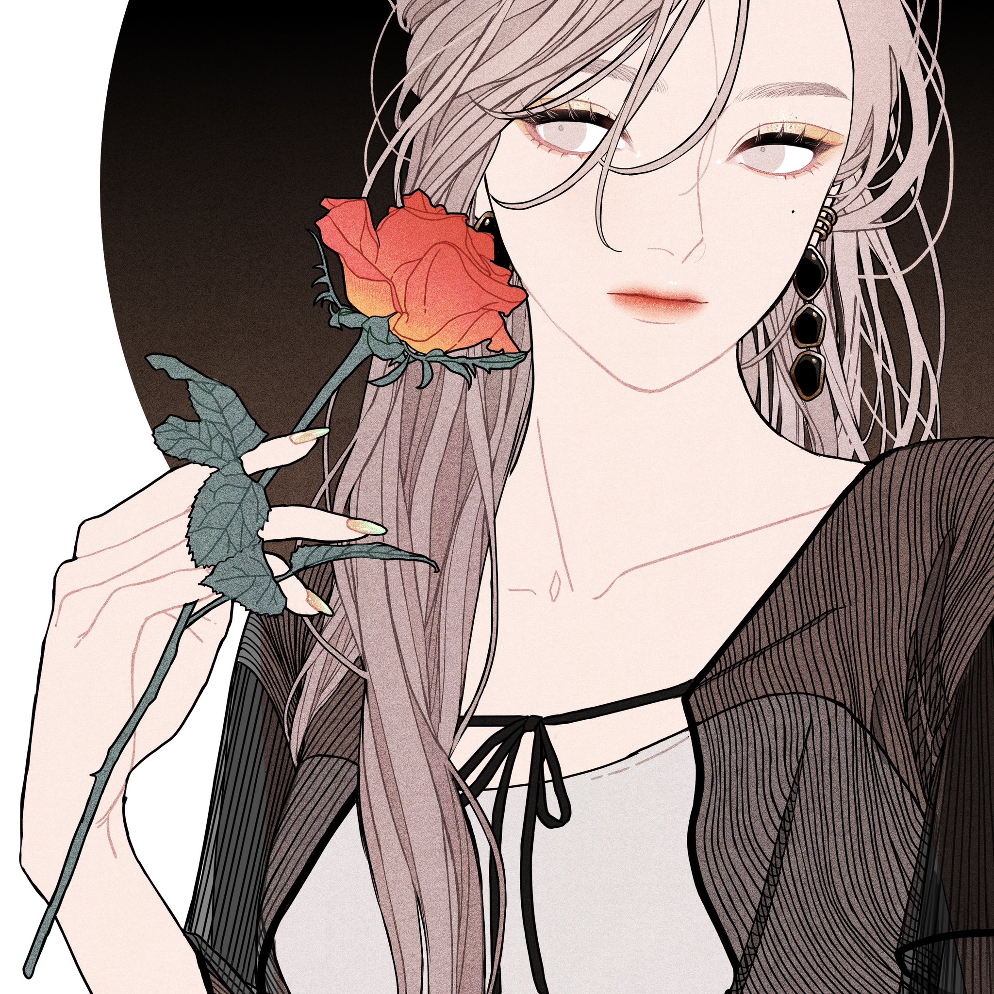 an illustration of a woman holding a rose. she has pale skin, light hair, and is wearing earrings. she is wearing a sheer top over a white undershirt. the background is dark with a lighter circle behind her head.