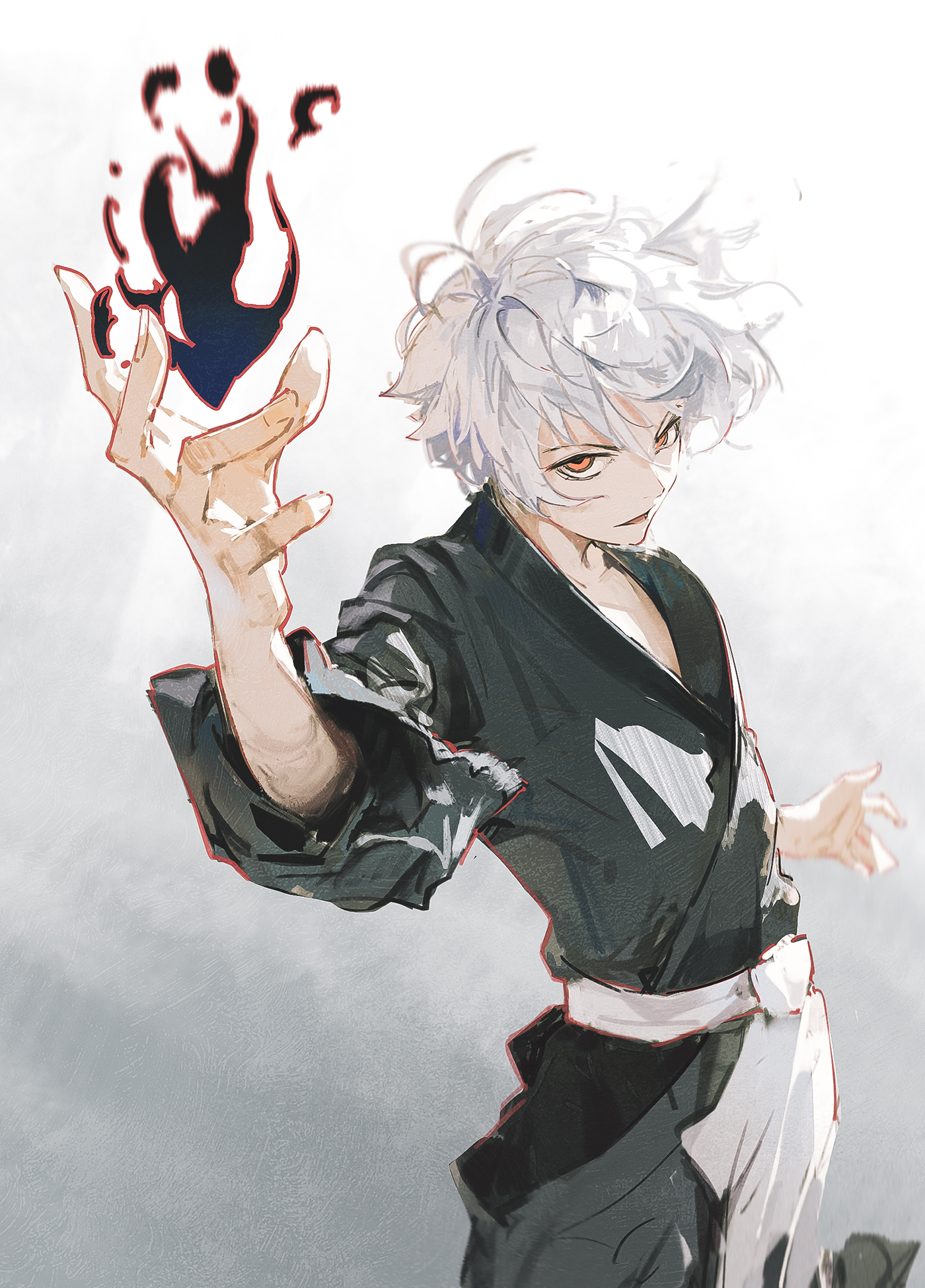an animestyle illustration of a young man with white hair and black eyes. he is wearing a black and white outfit and holding a dark flame in his hand. he has a confident expression on his face.