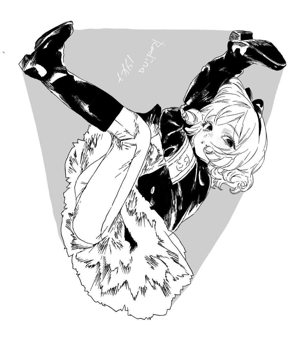 a monochrome illustration of a female character in manga style. she is wearing boots and a furtrimmed outfit. the image is set against a grey background.