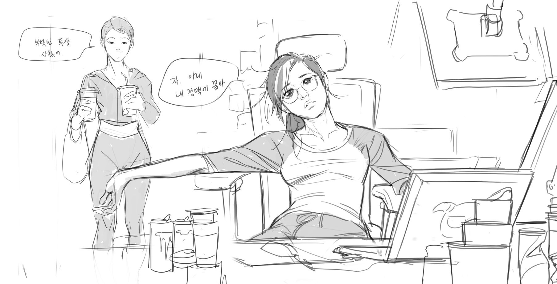 a pencil sketch depicting two young women in a room. one woman is casually dressed, wearing glasses, and leaning back in a chair at a desk. she appears tired or relaxed.  the other woman is standing, holding two cups, seemingly observing her.  korean text is included in speech bubbles. the overall style is loose and expressive, characteristic of a quick sketch or storyboard.  there are various objects on the desk and in the background, suggestive of a work or study space.
