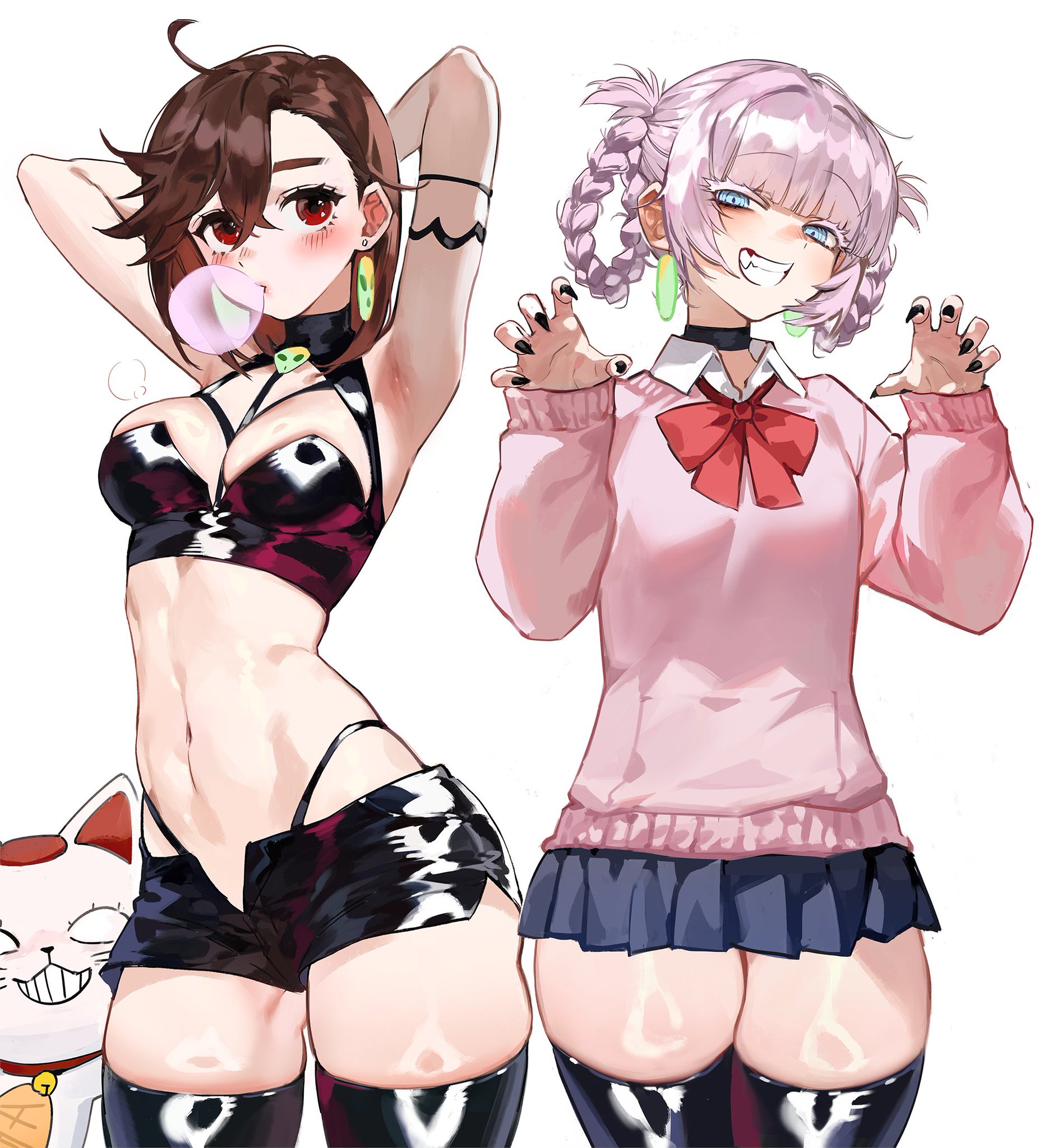 two anime girls are standing side by side. the girl on the left is wearing a black leather bra, black shorts, black stockings and holding a white cat in her left hand. she is smiling and has a pink bubble on her mouth. the girl on the right is wearing a pink sweater, a blue skirt, black stockings. she has a bright smile with her mouth wide open. she is holding her hands out as if ready to grab something.