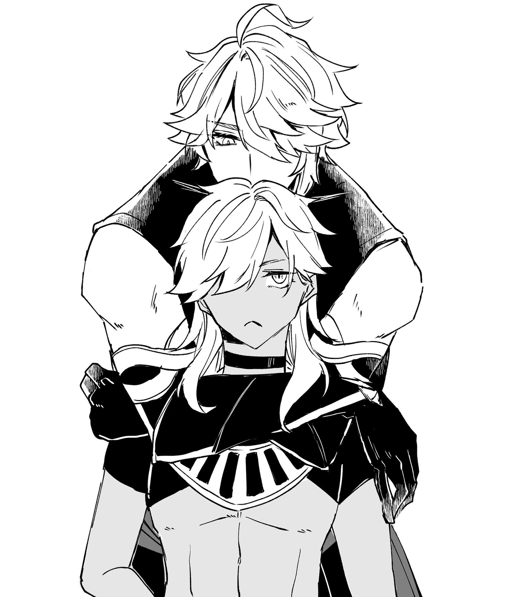 a black and white drawing of two anime boys hugging, one with short hair and the other with long hair. they are both drawn in a very detailed style, with lots of shading and detail on their clothing and features. they appear to be in a romantic relationship.