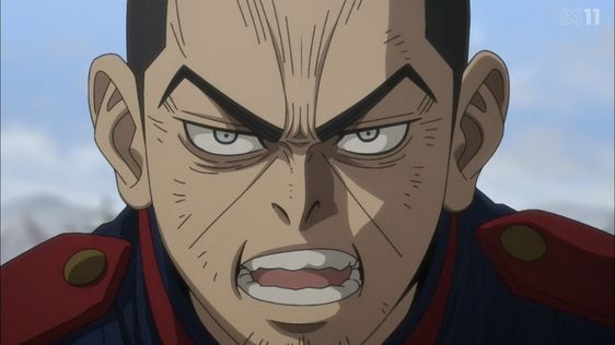 a closeup of an angry anime man's face.  he has short, dark hair, and his eyes are narrowed. his mouth is open in a snarl, and his teeth are clenched. he is wearing a dark military uniform. the background is a blurry blue sky.