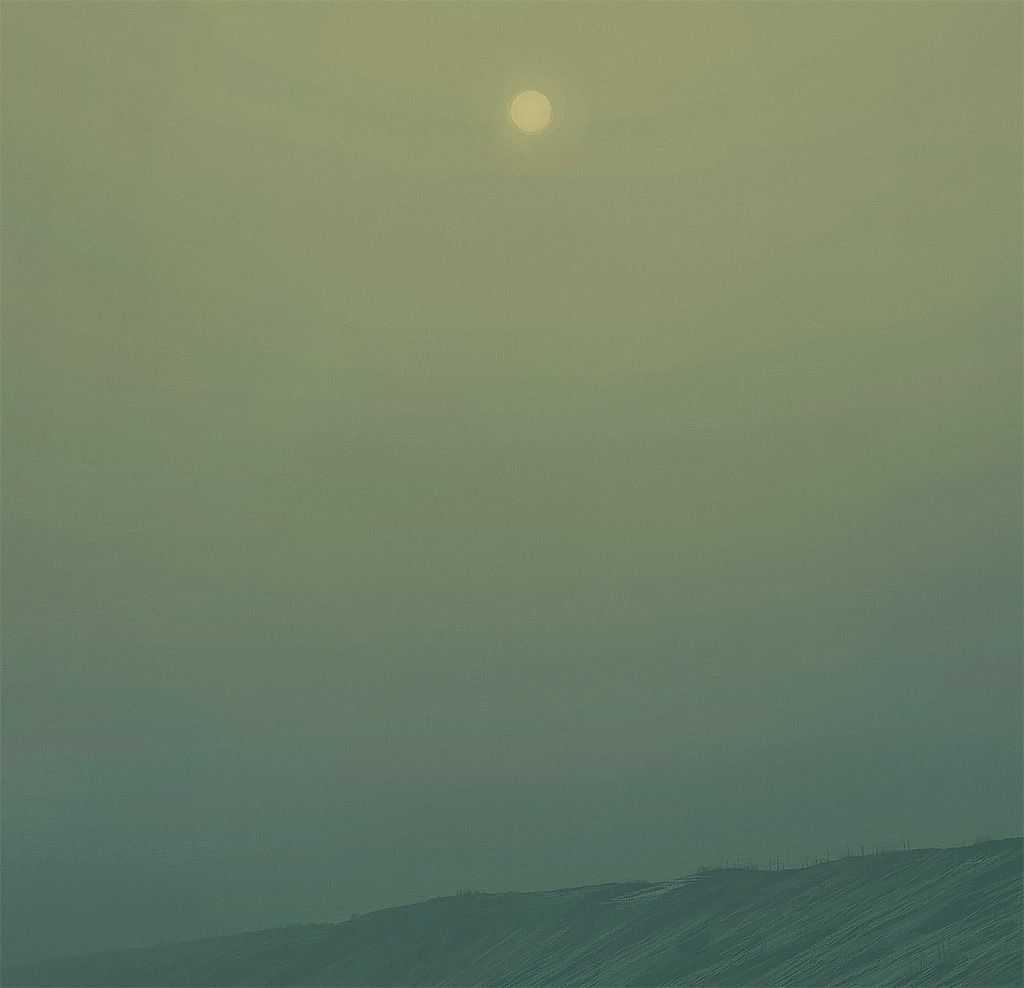 a single, pale sun, barely visible through the fog, sits above a green, snowcovered mountain range. the sky is a hazy green. the image is muted and atmospheric.