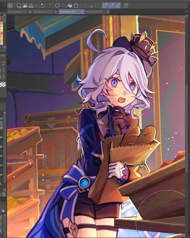 an anime girl with purple hair and a blue dress is smiling while holding a brown bag with food in it. she looks happy and cute. the illustration is done in a digital art style.