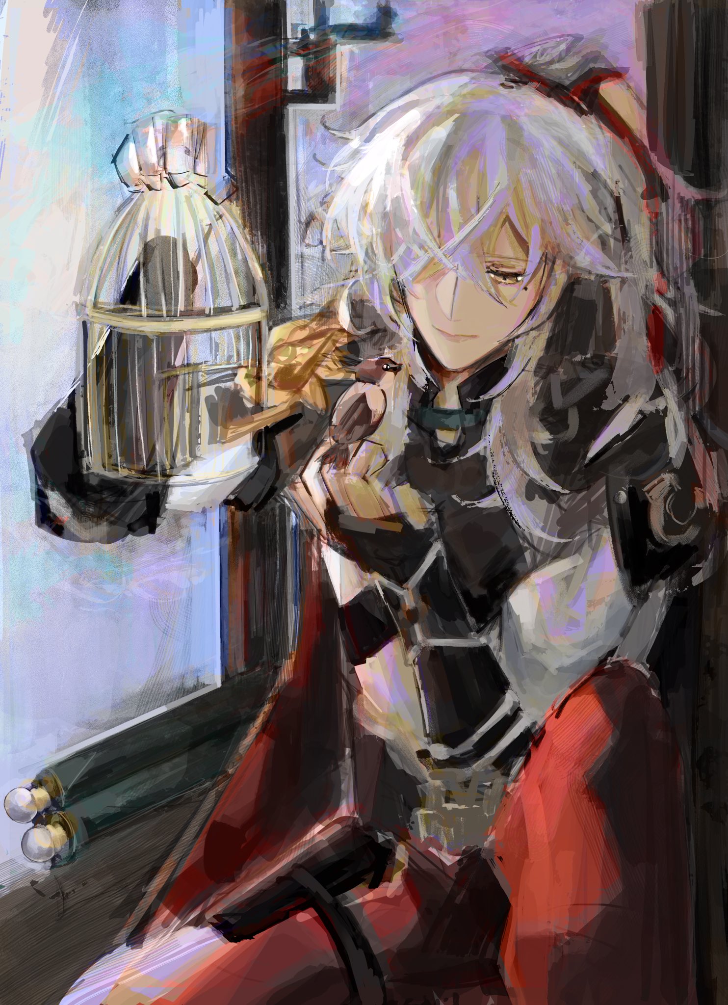 an animestyle illustration of a young man with long white hair, wearing red clothing, and holding a bird cage in his hand with a bird inside. he looks down at the bird, and the background appears to be a window. the artwork is digital and painted in a painterly style.