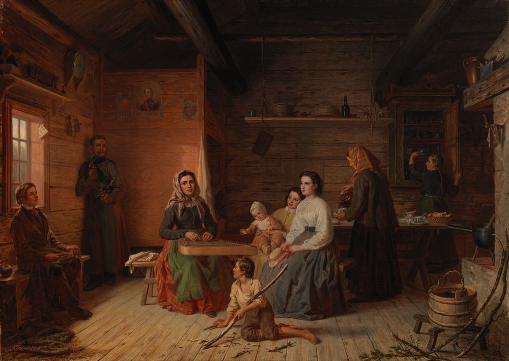 a painting of a domestic scene inside a wooden house. several women are gathered in the center, one playing an instrument. a man stands near a window. children are present, including a baby. a kitchen area with a table, shelves, and cupboard is visible in the background. other details include a wooden floor, wooden beams, a bucket, and a pot.