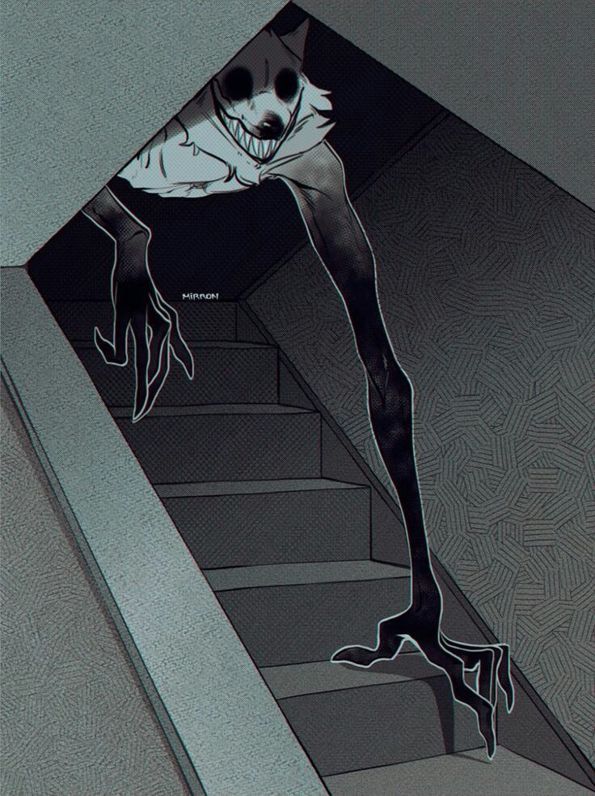 the image depicts a terrifying creature lurking in a dark stairwell. it has long, spindly arms with clawed hands. its head appears to have canine features with sharp teeth and unsettling black eyes. the creature creates a sense of horror and suspense.