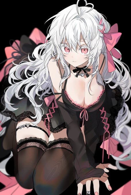 an anime girl with long white hair is wearing a black dress and black stockings. she is also wearing a pink bow in her hair and pink ribbons on her dress. she is looking at the viewer with a cute and sexy expression. the illustration is in a manga style.