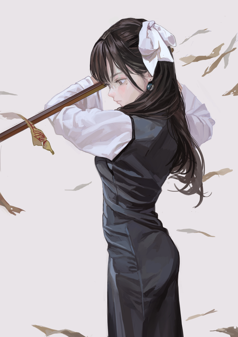 an anime girl is depicted from a side view. she has long, black hair adorned with a white ribbon and is wearing earrings. the girl is dressed in a uniform consisting of a white shirt under a black vest and a long, black dress. she is holding a sword across her chest and looking down. the background is a plain light color with some brown abstract shapes scattered around.