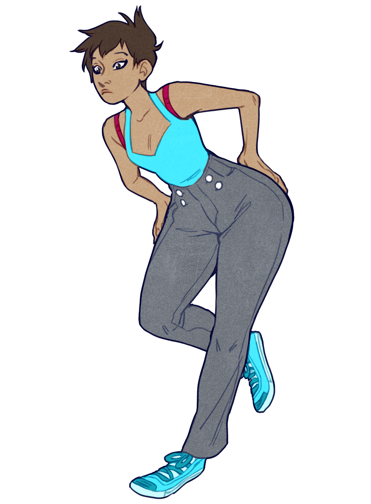 a young woman with short brown hair and brown skin is standing with her hands on her hips, looking down and slightly to the left. she is wearing a light blue tank top, highwaisted gray jeans, and light blue and white sneakers. the background is white. the illustration style is cartoonlike with visible linework.