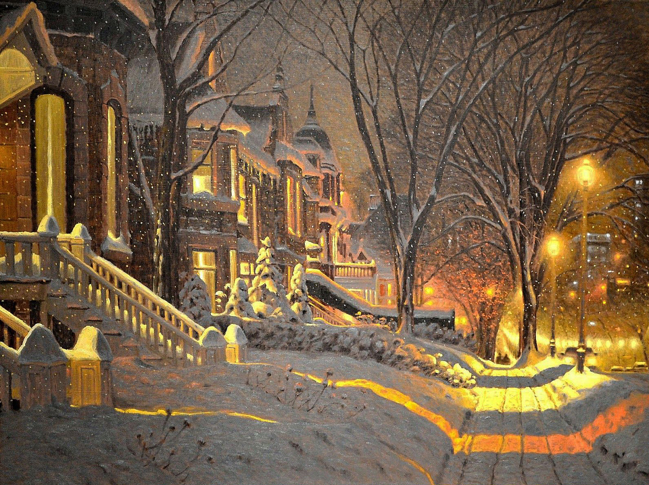 a quiet, snowcovered street in the city at night.  the houses are lined up along the left side of the street, and there are trees on both sides. the street lamps are lit, casting a warm glow on the snow.