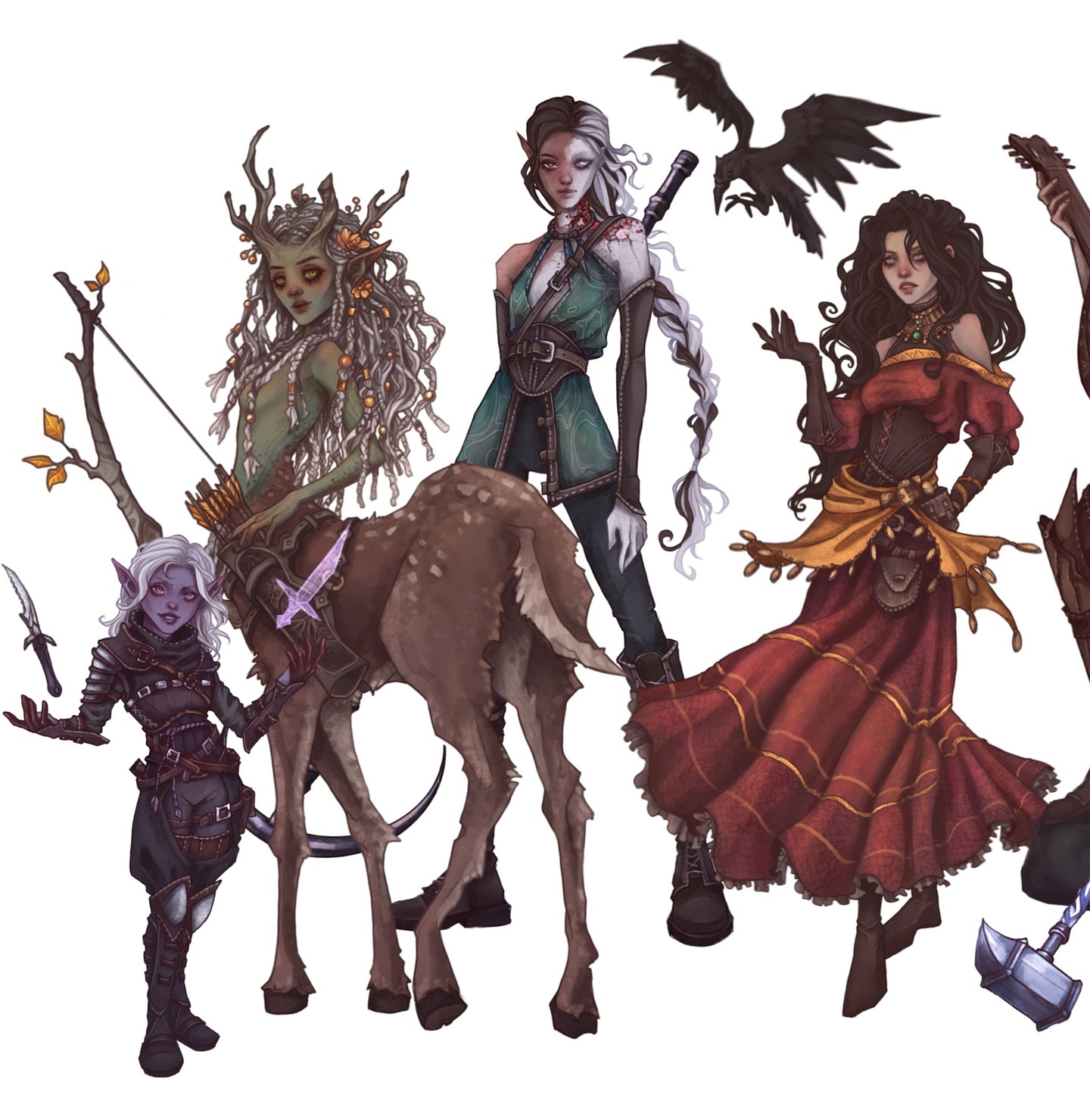 a vibrant digital painting showcasing a party of five fantasy characters, seemingly ready for an adventure. the group includes a centaurlike elf wielding a bow and arrow, a halfelf warrior clad in dark attire, a human bard in a flowing red dress, a dark elf rogue, and a smaller, possibly younger, elf wielding a dagger. a raven perches above the halfelf, and a hammer is subtly included in the lower right, indicating combat readiness.  each character is richly detailed, featuring unique clothing, features, and weaponry, conveying individual personalities and roles within their fantasy realm. the art style is reminiscent of character design found in dungeons & dragons or other tabletop roleplaying games.