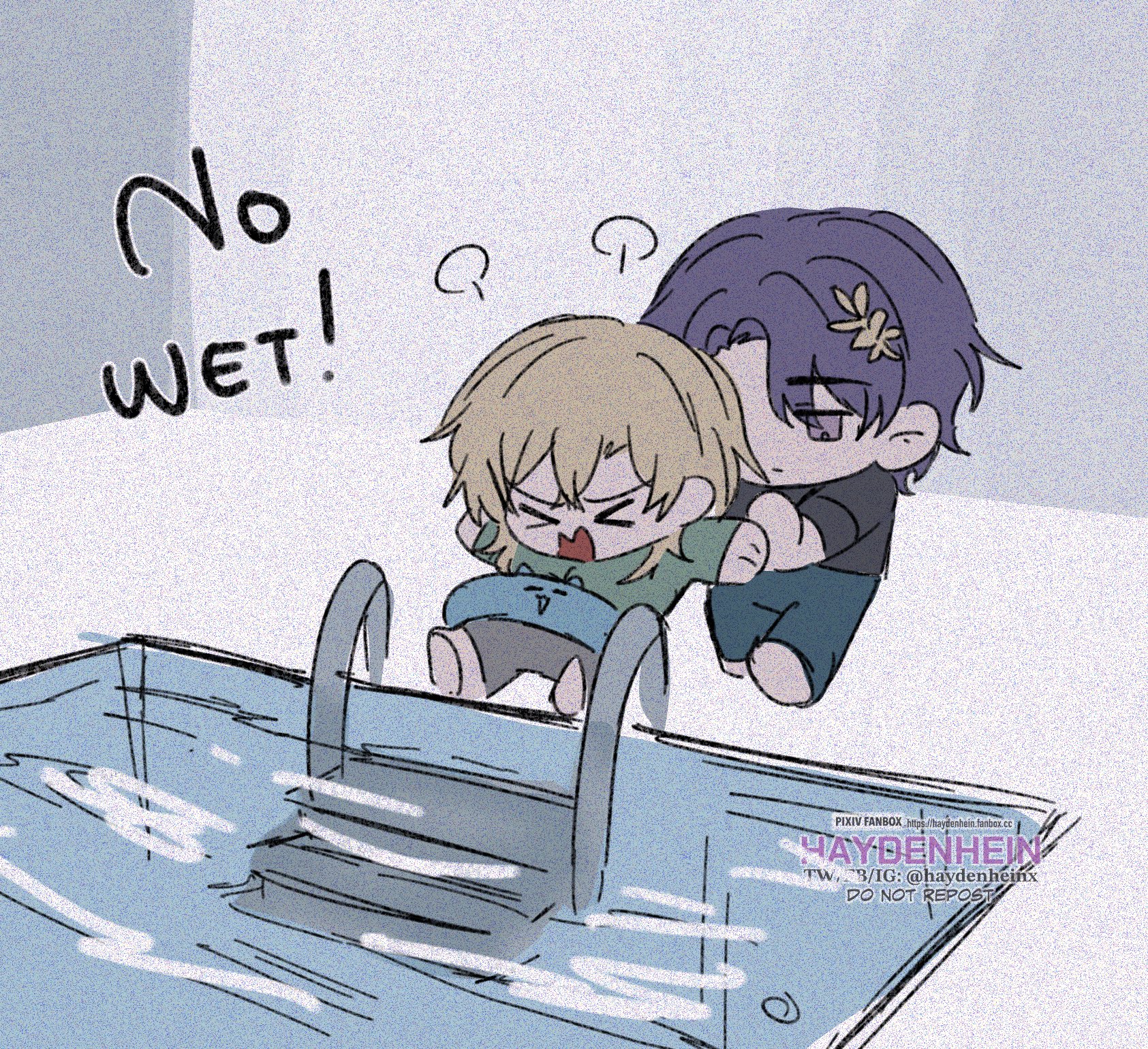 the image is a cartoon depicting two boys at a swimming pool.  the boy on the left is blonde with green clothes and holding a blue float.  the boy on the right is purplehaired and wearing a blue shirt with a yellow flower on it. the blonde boy is facing the pool with an expression of fear and his arms outstretched as if trying to keep his balance.  the purplehaired boy is grabbing his friend's wrist from behind with a look of concerned urgency.  the caption above the boys reads "no wet."  they are standing at the top of a pool ladder.  there are ripples of water at the bottom of the ladder.  the background is a light blue that appears to be a wall or a surface.