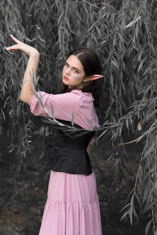 a woman dressed as an elf stands outdoors. she is wearing a pink dress with a black bodice and has pointed elf ears and sparkly makeup on her face. her hand is raised in the air. the background is a greyish color and shows a tree with hanging leaves.