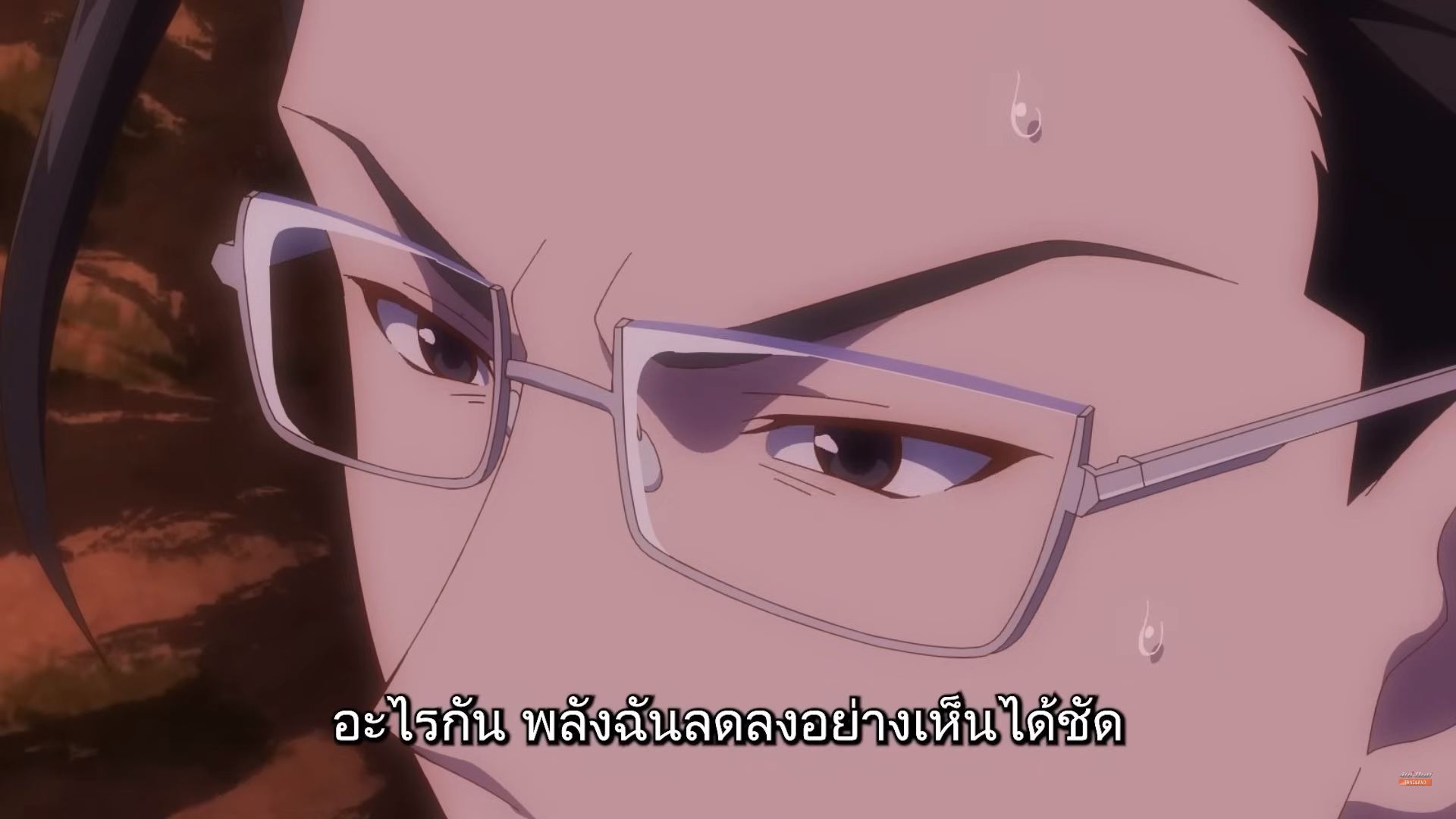 a closeup illustration of an anime man with dark hair and glasses. he is sweating, and his brown eyes are visible behind his glasses. the background is a reddishbrown color, possibly indicating a desert setting. the thai text at the bottom of the image translates to "that's right.  whatever you heard is correct."