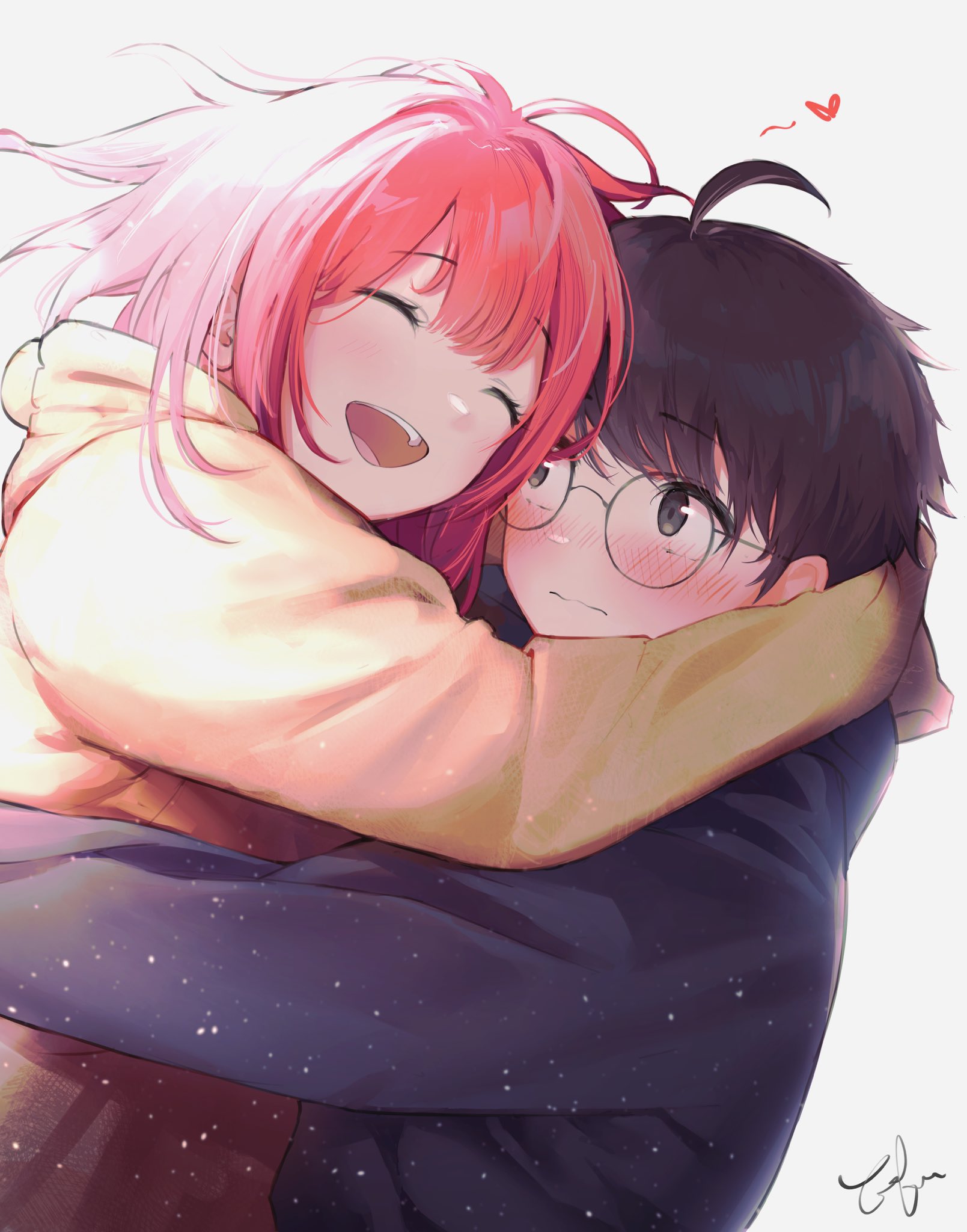 the image is a digital drawing or painting in an anime/manga style. it depicts a closeup of a girl and boy in an affectionate embrace. the girl has long, vibrant pink and white hair, and is enthusiastically hugging the boy from behind. the boy, wearing glasses, has dark hair and a slight blush on his cheeks.  both are smiling warmly.  the overall style is soft and romantic, with a light and airy background.  the colors are pastel and muted, creating a gentle and heartwarming atmosphere.  the art style is characterized by smooth lines, soft shading, and a focus on expressive eyes and features common in anime and manga.