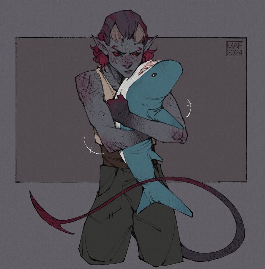 the digital artwork depicts a fantasy character, possibly a tiefling or demon, with dark gray skin, purple hair, and horns. they are dressed in olive green pants and a sleeveless shirt. the character has a somber expression and is tightly hugging a large plush shark toy.  the character's tail is visible, curling around their legs. the style of art is somewhat sketchy and loose, with visible line work and shading. a subtle background and artist signature ("maf 2024") are included. the overall mood is melancholic or contemplative.
