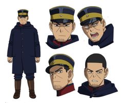 this image showcases the character design of a male anime character in a military uniform. he appears to be an officer, indicated by the hat he wears. the artwork presents multiple views and closeups, highlighting various facial expressions such as stoicism, concern, and anger. the detailed illustrations focus on the character's face, attire, and overall demeanor.