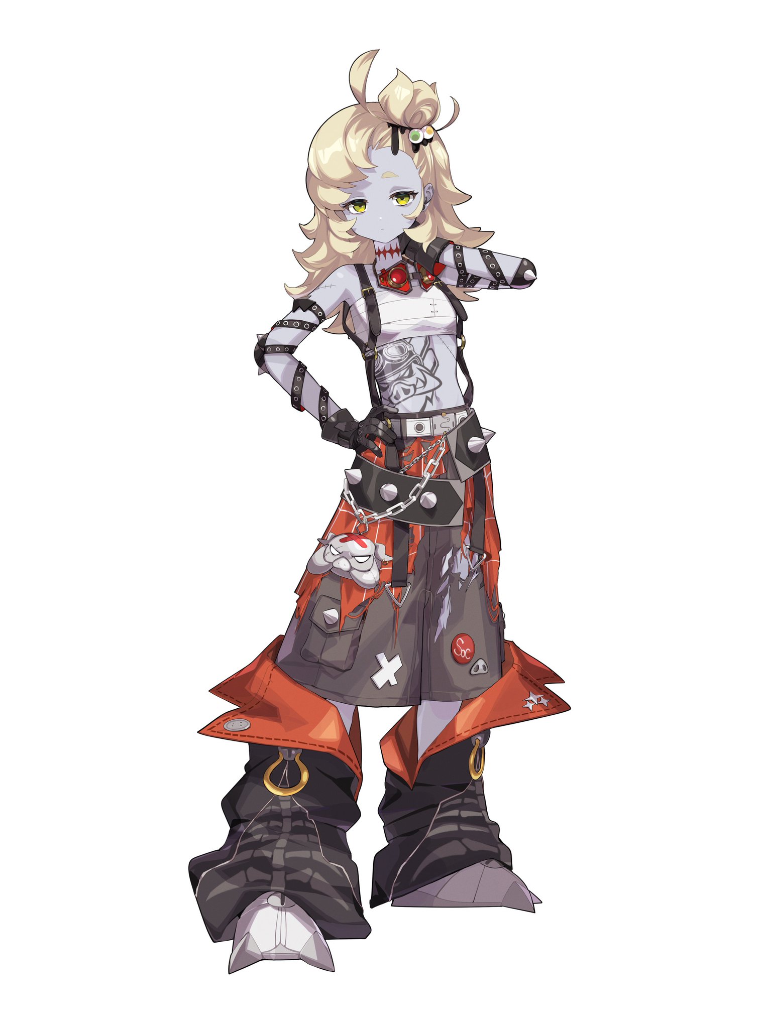 he image is a fullbody illustration of an animestyle female character. she appears to be a zombie or undead, with gray skin and stitchedup facial features. her clothing style is punk or rockinfluenced, with ripped shorts, a jacket, and numerous accessories like chains and patches.  her hair is a light blonde and styled in a somewhat messy, yet fashionable way. she is standing in a confident pose, her arm casually resting behind her head. the background is plain white. the art style is vibrant and detailed, characteristic of modern anime/manga character design.
