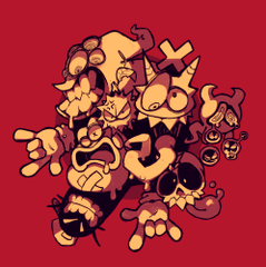 the image features a collection of cartoon monsters clustered together against a red background. most of the creatures have exaggerated features, such as sharp teeth, horns, and wide eyes. they are drawn in a rounded, cartoon style with thick black outlines. the overall color scheme is limited to shades of red, yellow, and black, creating a vintage, slightly eerie aesthetic.