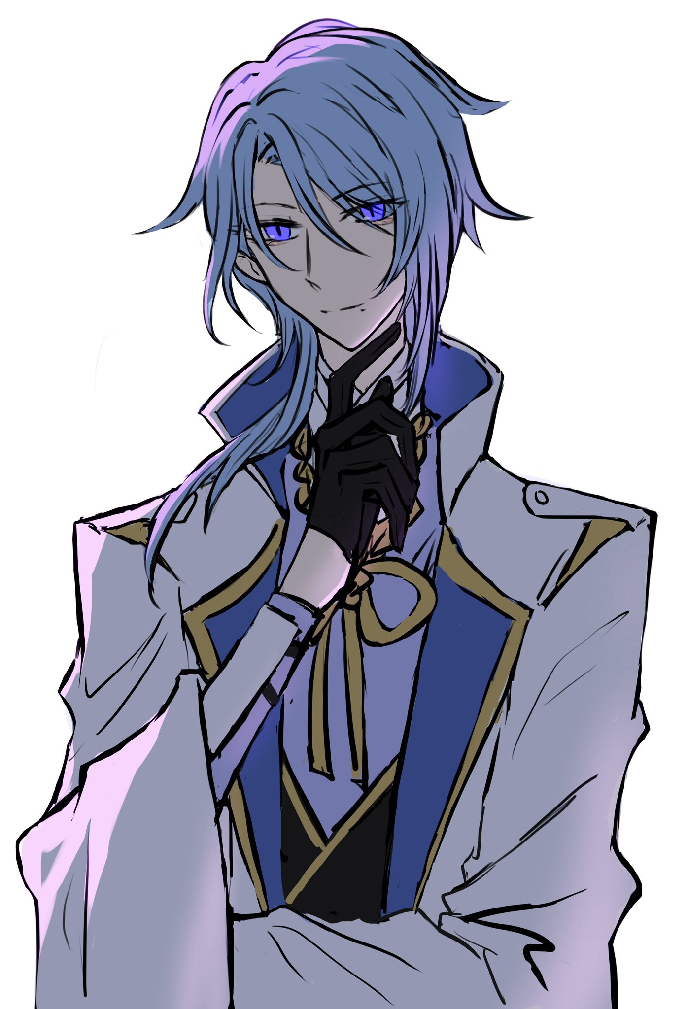 the image is a digital drawing of an anime character. the character is a handsome man with blue hair, purple eyes, and a white suit. he is wearing black gloves and has a blue and gold ribbon around his neck. he looks thoughtful and elegant.