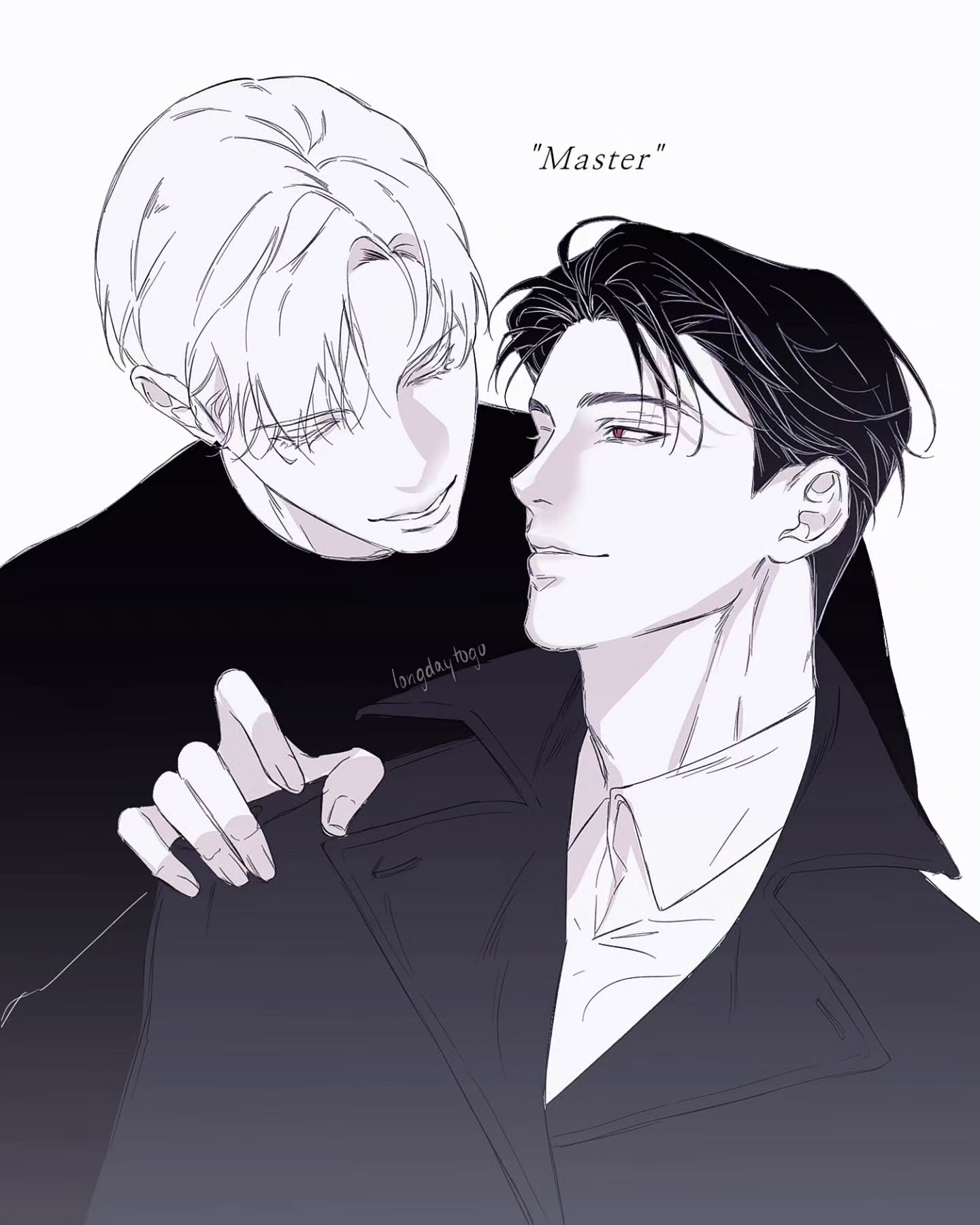 the image is a stylized drawing, likely fanart, depicting two men in a close and intimate embrace.  the style is reminiscent of manga or manhwa, with clean lines and a focus on expressive eyes and features. the man with shorter, lighter hair is gently touching the other's shoulder, while the man with darker hair looks up at him with a soft expression.  both men are elegantly dressed in dark suits and coats. the word "master" appears in the upper center, suggesting a power dynamic or relationship between them. the overall mood is romantic and suggestive, hinting at a deeper connection between the two characters.  the color palette is primarily grayscale, giving a somewhat moody and sophisticated feel.
