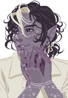a bust portrait of a drow elf with long, dark hair with a white streak in it. the elf is depicted with purple skin, light purple freckles, and gold eyes. they have pointed ears with multiple earrings, and intricate tattoos visible on their neck, hands, and arms. the elf is wearing a white shirt and is posed with their hands clasped in front of their chest, a silver ring on their left ring finger. the background is solid white.