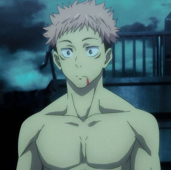 a digital illustration of a shirtless anime character with spiky pink hair and scars on his face. the character has a cut on his cheek with blood trickling down. the background is dark and bluetoned. the overall lighting is soft.  the image is a closeup of the character from the chest up.