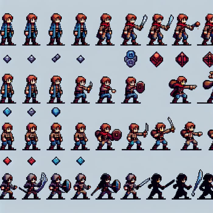 this image presents a comprehensive character sprite sheet, meticulously crafted in a charming pixel art style. it showcases a range of animations for a knight or warrior character, including idle poses, walking cycles, sword attacks, and magical abilities. the top three rows illustrate the character with various combinations of clothes, hair, and weaponry. the last row shows a silhouetted version. this asset is particularly wellsuited for integration into a 2d rpg or fantasy game.