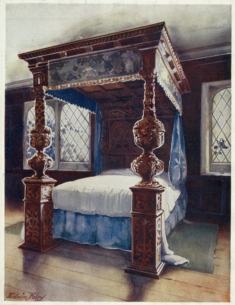 the image shows a watercolor painting of an antique fourposter canopy bed in a bedroom. the bed is intricately carved with dark wood and has blue draping. the room has two windows with diamondshaped panes. the floor is wooden. a small green rug is next to the bed. the painting is signed "edwin foley".