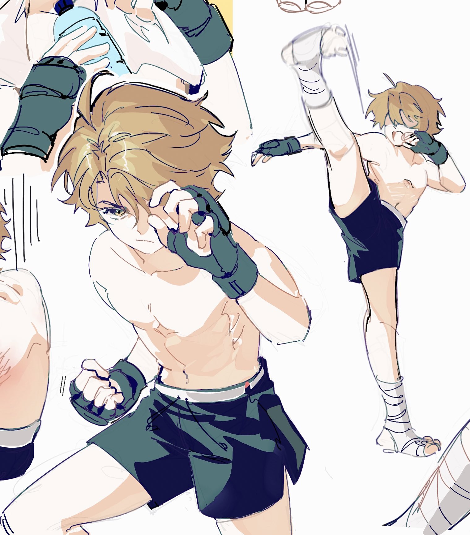 this digital art depicts a young animestyle boy wearing a pair of black gloves and a pair of dark green shorts, practicing his martial arts. he has blonde hair and is depicted in three poses. in the first, he is looking down with his left hand up to his face, as if he is wiping away sweat. in the second, he is facing the viewer with his left hand down, and his right hand up, as if he is about to strike. in the third, he is in a kicking stance, with his right leg raised, and his left leg grounded, and his left hand reaching forward. the background is white with a few lines of gray.