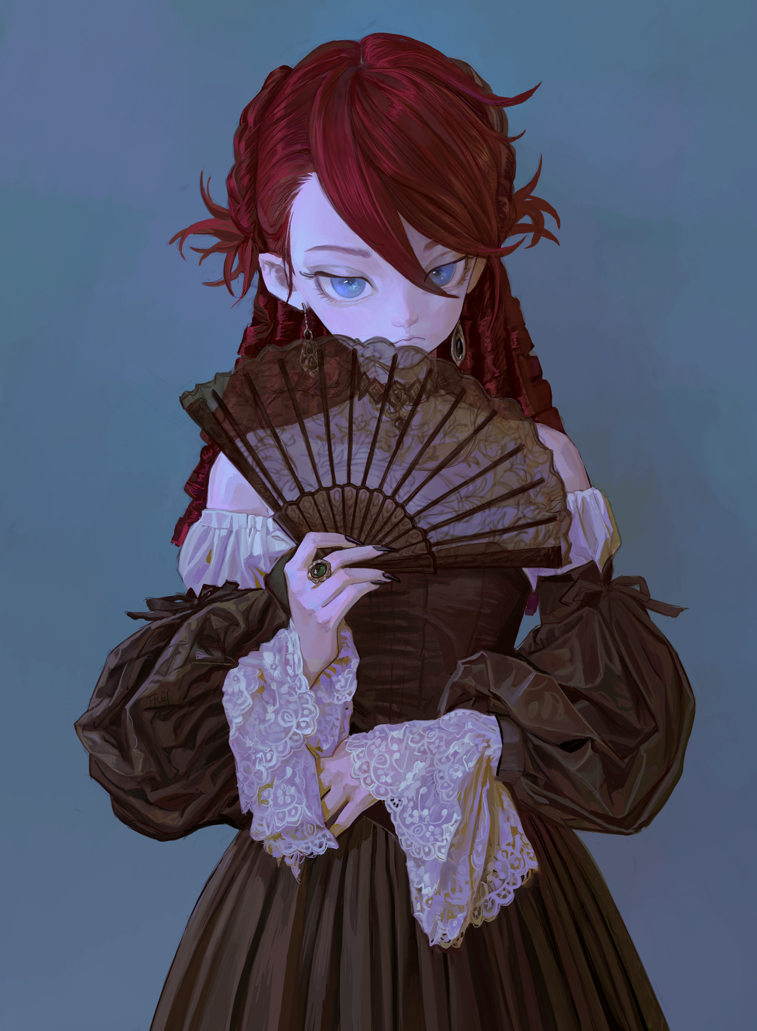 the image is a portrait of a woman in a victorianera style dress. she has auburn hair styled with braids and curls, pale skin, and striking blue eyes. she is holding a black lace fan in front of her face. she is wearing a darkcolored dress with white lace details at the cuffs, puffed sleeves, earrings and a ring on her finger. the artwork is done in an animeinspired style.