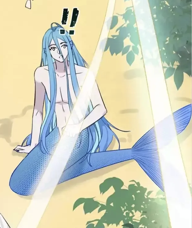 the image is a stylized illustration, likely from an anime or manga, depicting a male mermaid. he has long, flowing light blue hair and a matching light blue fishtail.  his upper body is human, and he has a surprised or shocked expression, indicated by the exclamation points above his head.  he's sitting on a sandy beach with some stylized plants in the background, and there are bright white lines suggesting light or a magical effect. the overall style is soft and somewhat whimsical.