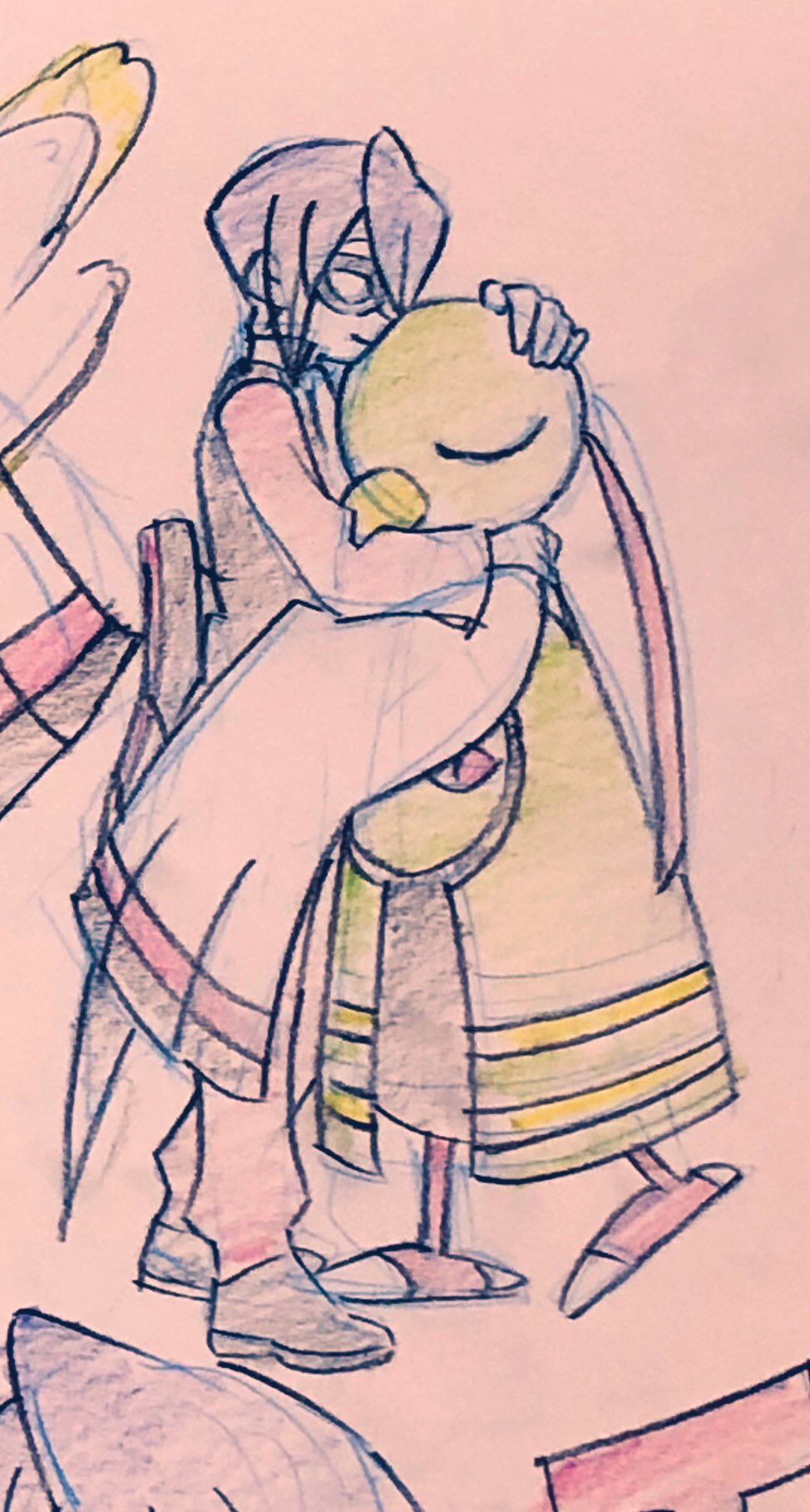 a blackhaired humanlike character with a solemn expression stands in profile wearing a longsleeve collared shirt and pants, hugging a yellow birdlike pokemon. the pokemon has its eyes closed and appears content in the hug.