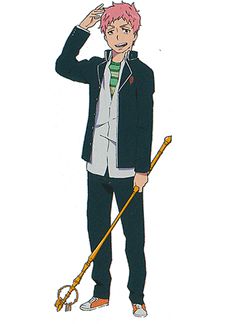 a young man with vibrant pink hair and a mischievous grin, sporting his school uniform. he confidently salutes with one hand while holding a long, ornate staff in the other. the staff features a golden shaft and an intricate headpiece. his playful demeanor and the presence of the staff suggest he might be a character with magical abilities in a school setting.