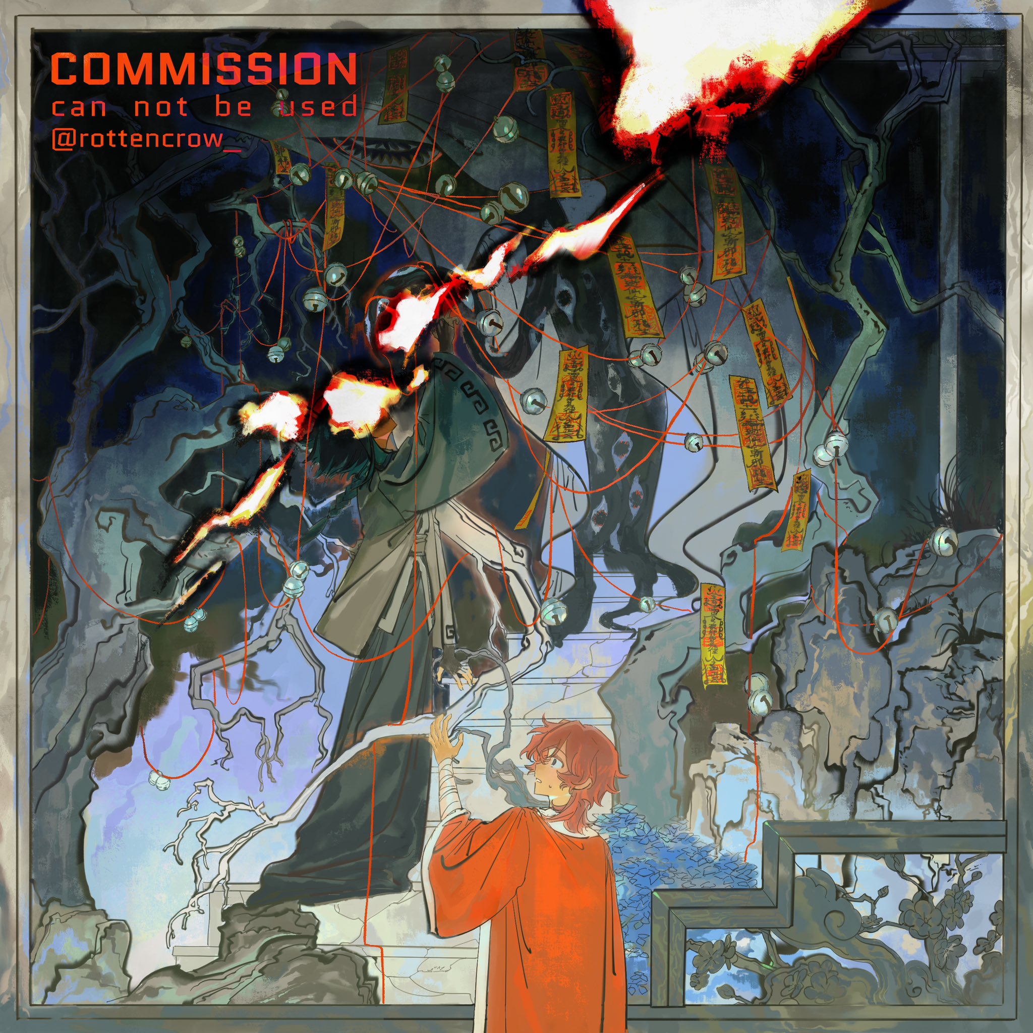 a digital painting featuring a surreal, fantastical landscape with a woman in a red robe standing in the foreground. the background is a complex scene of trees, mountains, and a mysterious figure. the artwork has a mystical and magical vibe, with intricate details and rich colors.  the art is marked "commission.  cannot be used.  @rottencrow_."